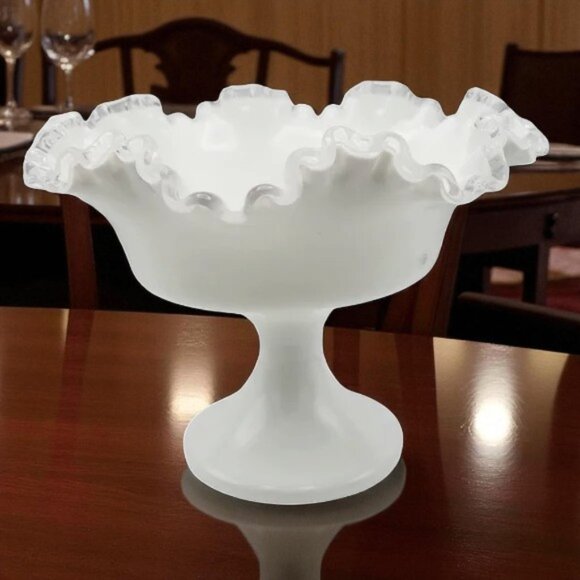 Vintage Fenton Silvercrest Double Ruffled Pedestal Milk Glass Bowl Granny Core - Picture 1 of 6